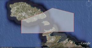 The extent of the new Marine Important Bird Area, which includes the island of Comino. Image from Google Earth.